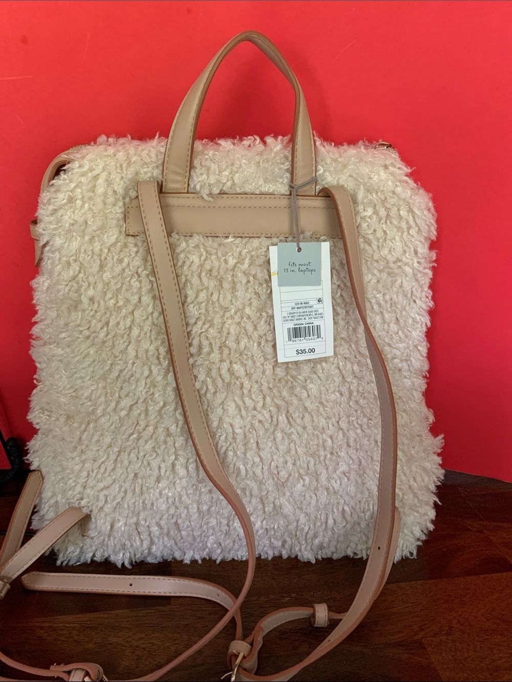 a new day Cream Shearling Backpack with Tan Handles - Picture 2 of 6